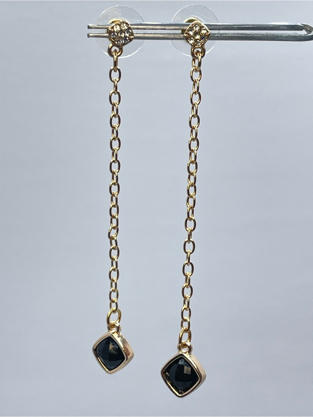 Gold Tone Black Acrylic Chain Dangle Earrings Minimalist Statement